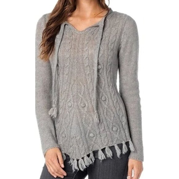 PrAna Shelby Poncho Cable Knit Fringe Sweater Gray Medium Boho Cozy Wool Blend - Picture 1 of 9